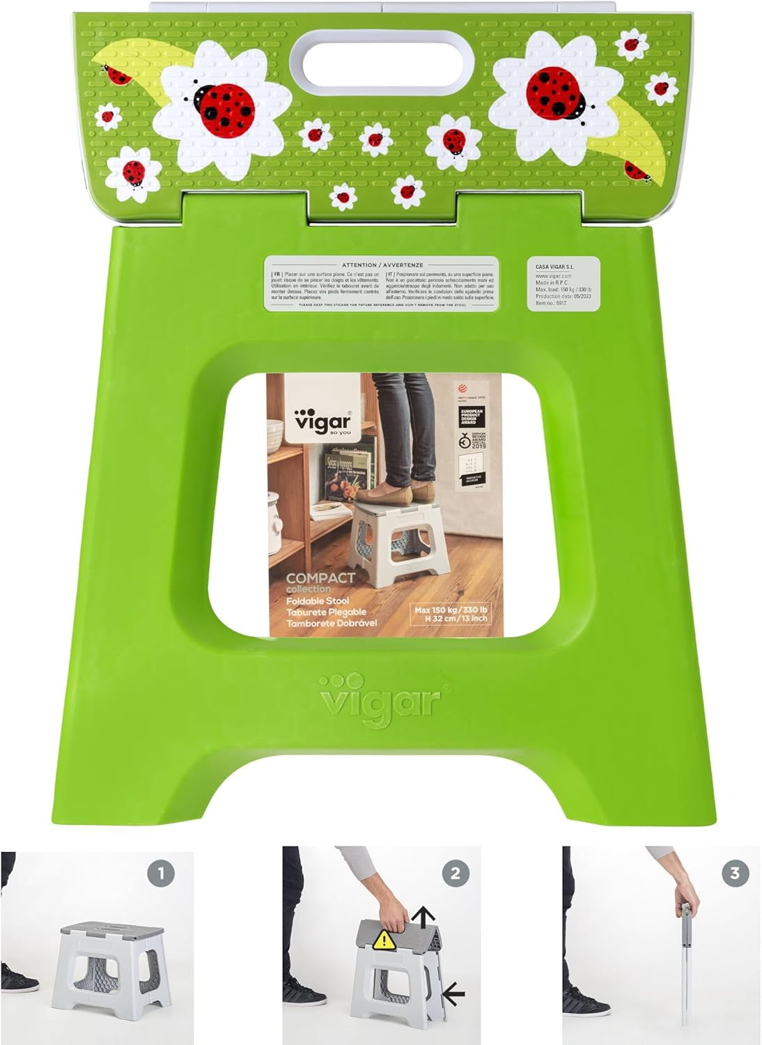 Compact Foldable Stool, 12-1/2 Inches, Lightweight, 330-Pound Capacity Non-Slip Folding Step Stool, Ladybug on Top