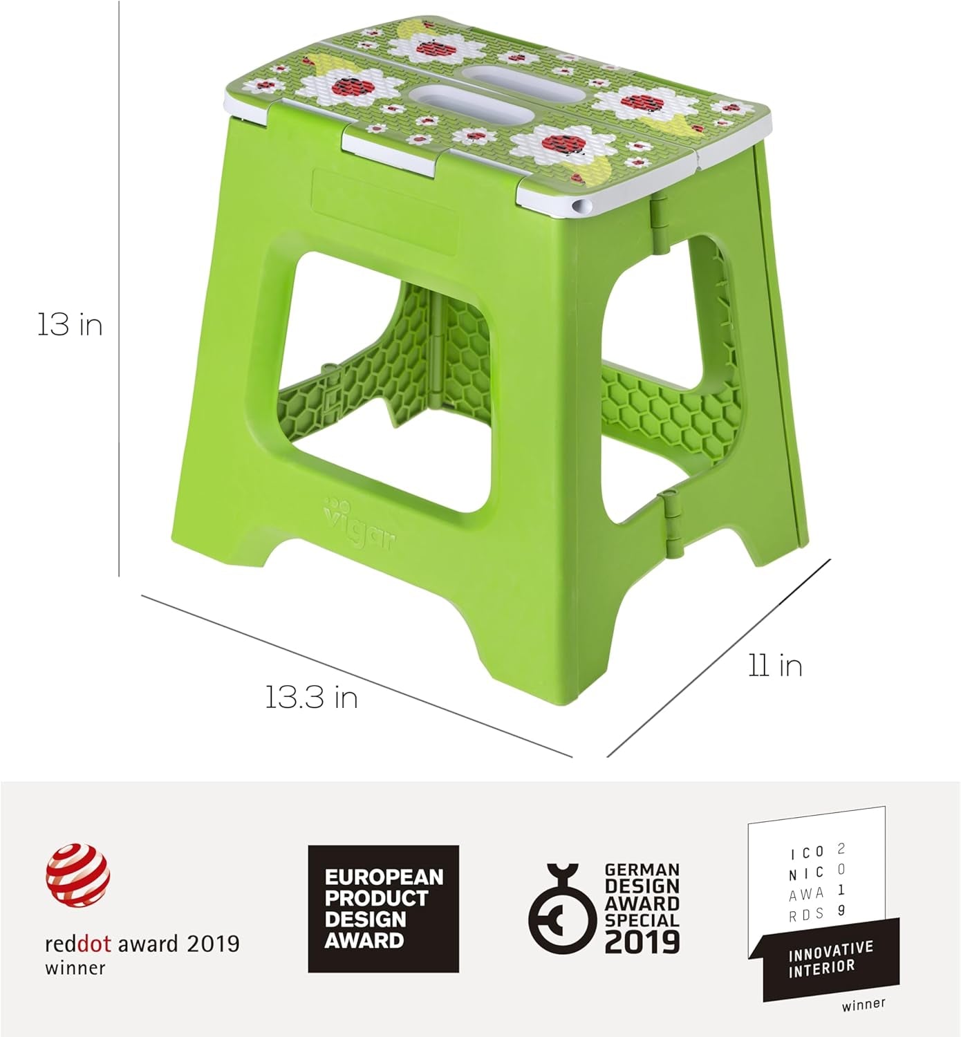 Compact Foldable Stool, 12-1/2 Inches, Lightweight, 330-Pound Capacity Non-Slip Folding Step Stool, Ladybug on Top